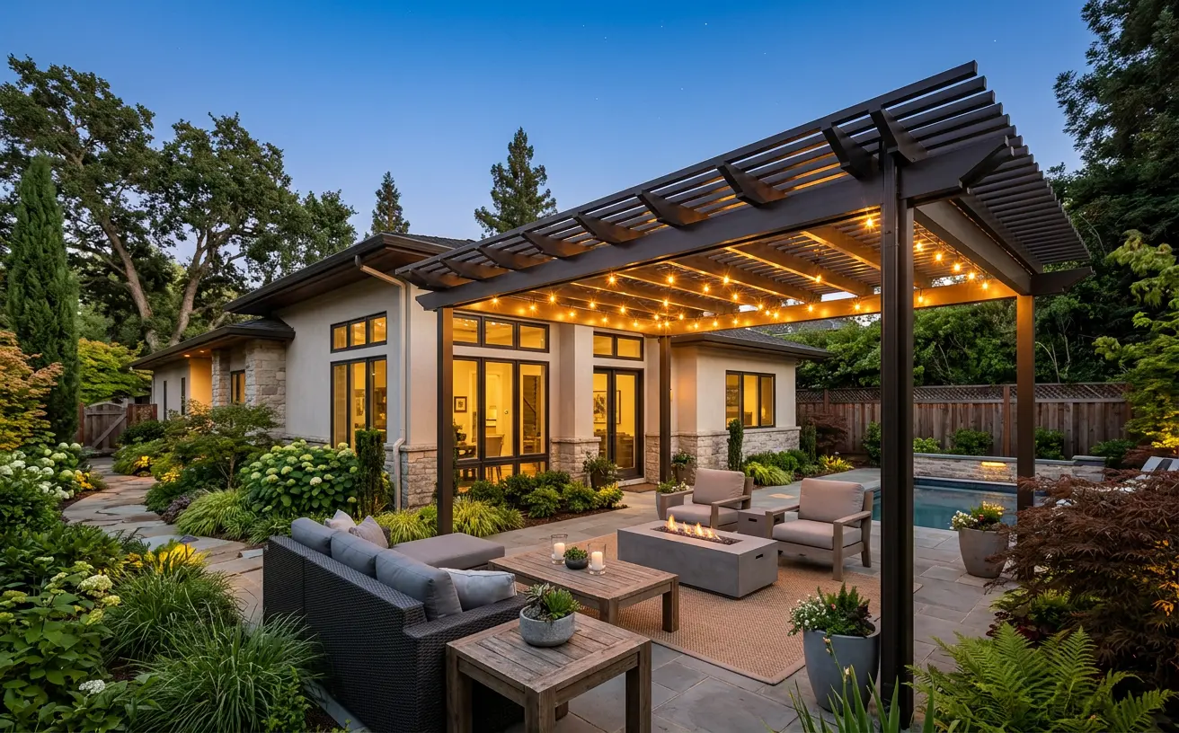 Backyard patio with a custom lattice patio cover lit by string lights at dusk